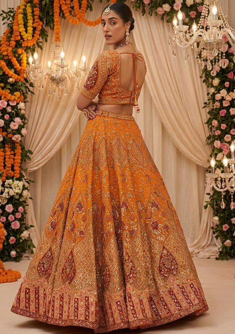 Marigold Orange  Embroidered Bridal Lehenga Set - Indya