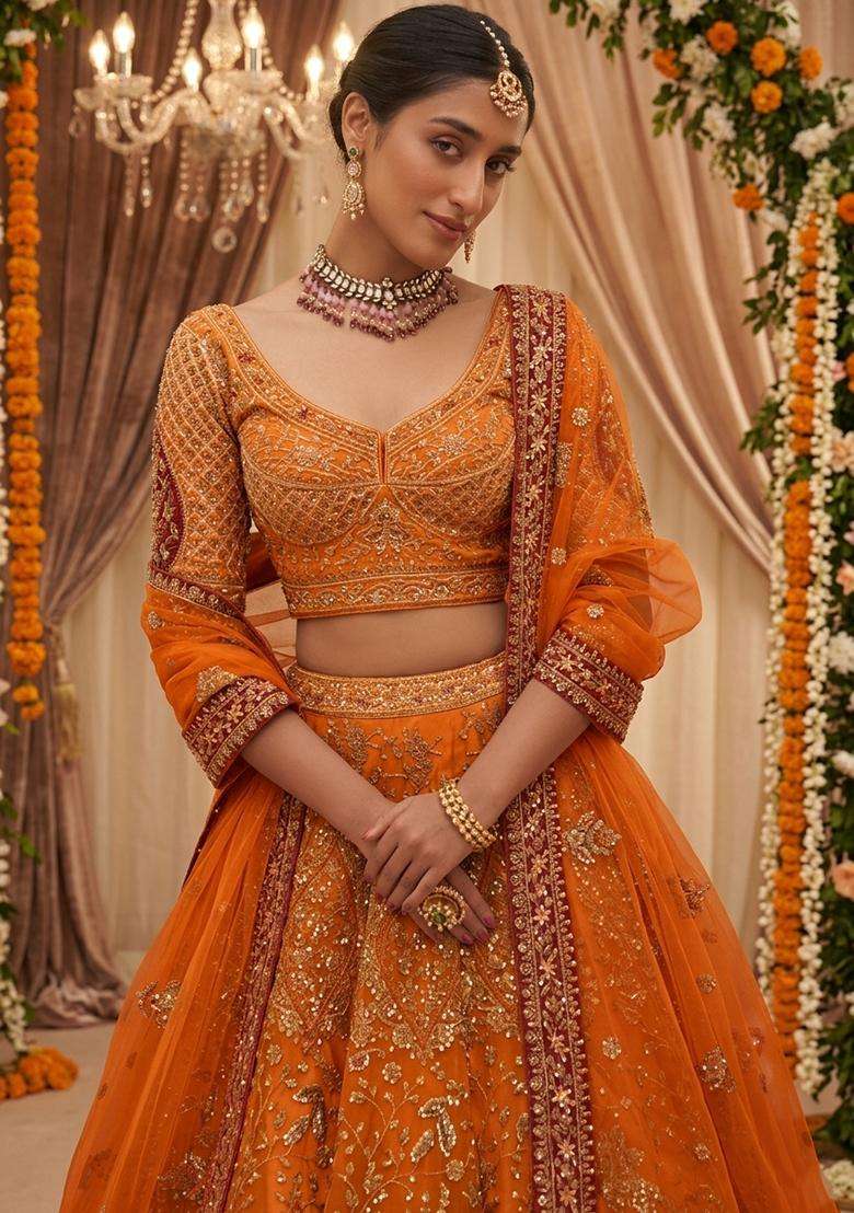 Marigold Orange  Embroidered Bridal Lehenga Set - Indya