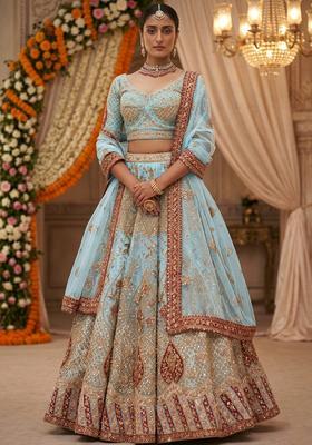 Sky Blue  Embroidered Bridal Lehenga Set