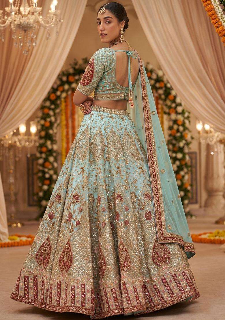 Sky Blue  Embroidered Bridal Lehenga Set - Indya