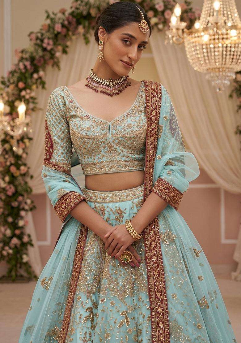 Sky Blue  Embroidered Bridal Lehenga Set - Indya