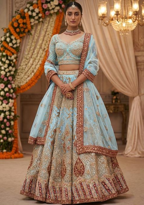 Sky Blue Embroidered Bridal Lehenga Set — view on Indya