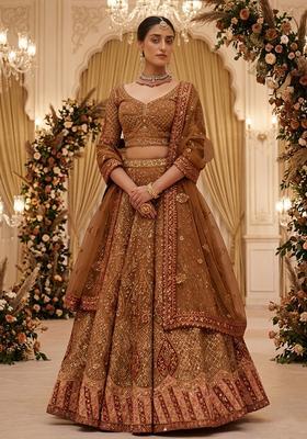 Copper Brown Embroidered Bridal Lehenga Set