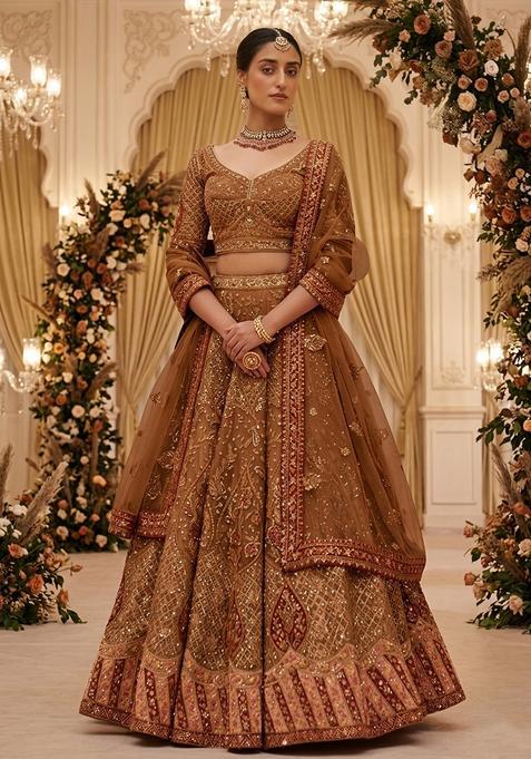 Copper Brown Embroidered Bridal Lehenga Set — view on Indya