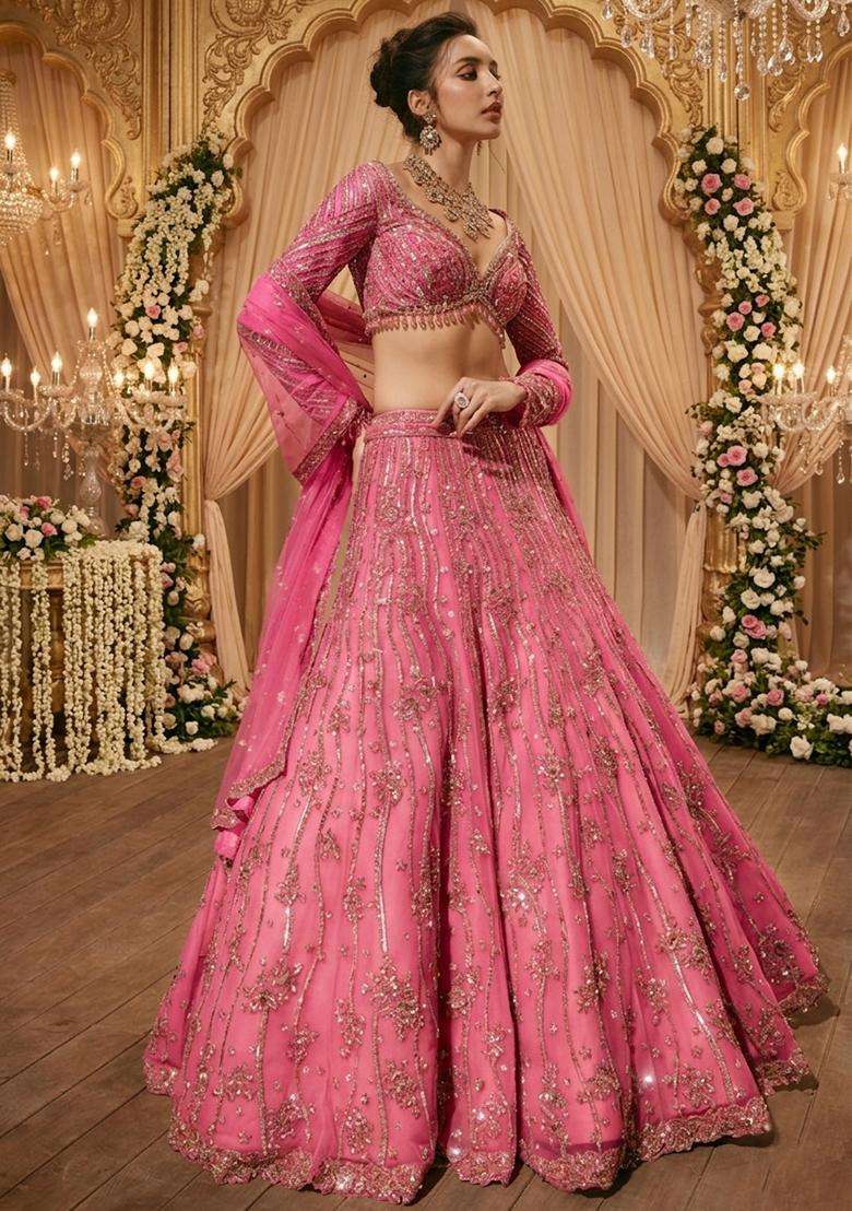 Hot Pink Embroidered Bridal Lehenga Set - Indya
