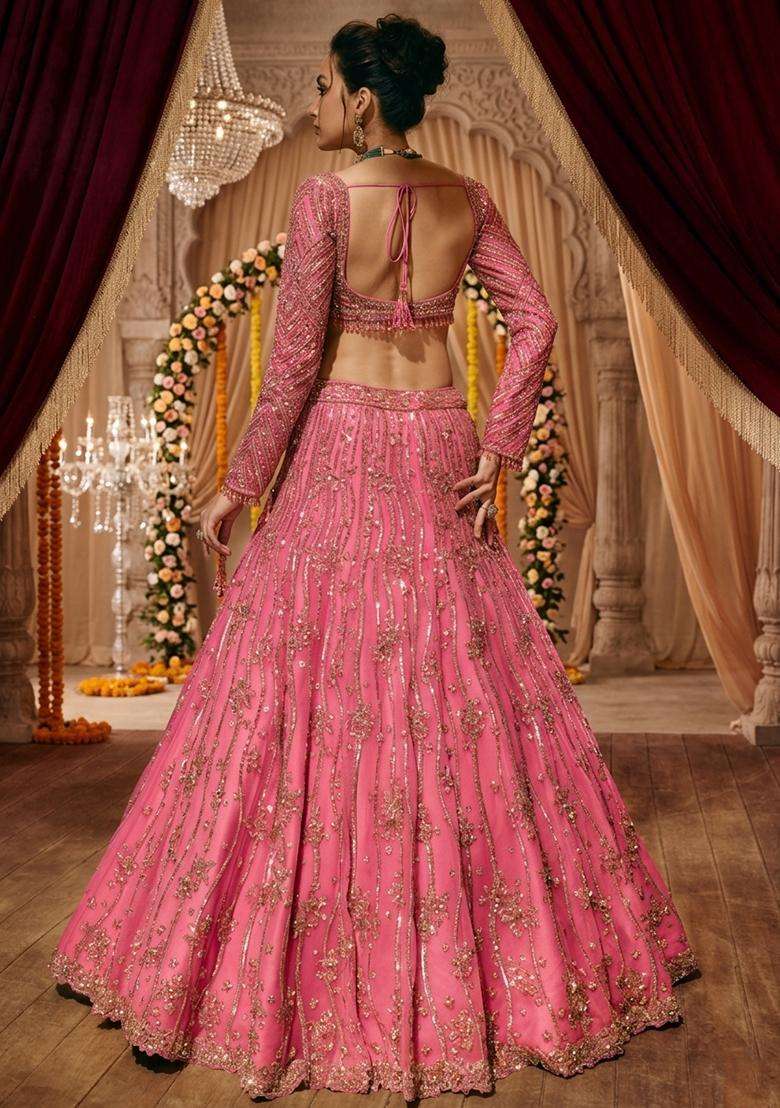 Hot Pink Embroidered Bridal Lehenga Set - Indya