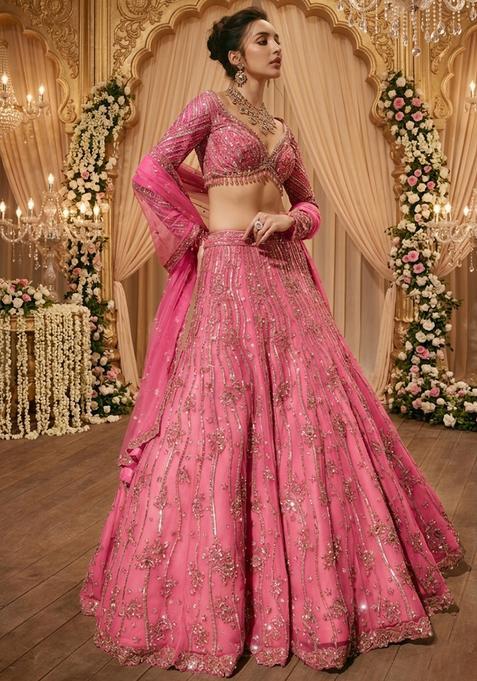 Hot Pink Embroidered Bridal Lehenga Set — view on Indya