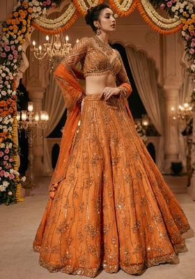 Burnt  Orange Embroidered Bridal Lehenga Set
