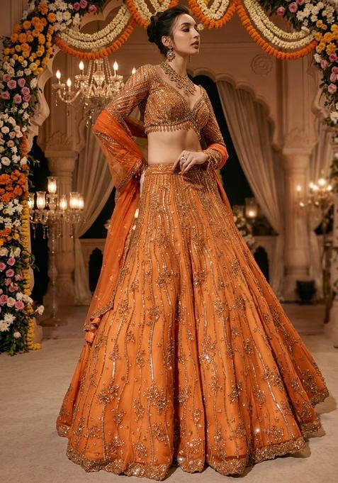 Burnt Orange Embroidered Bridal Lehenga Set — view on Indya