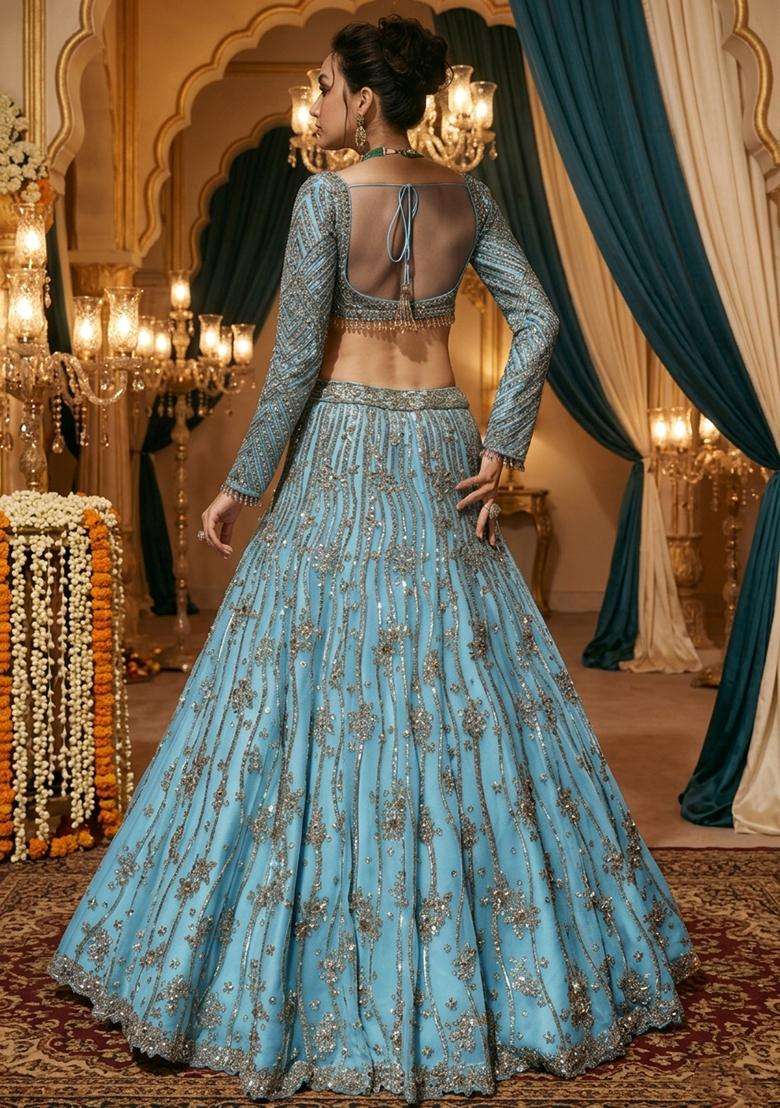 Sky Blue  Embroidered Bridal Lehenga Set - Indya