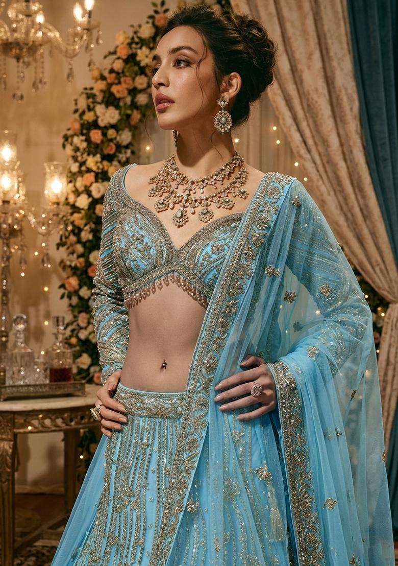 Sky Blue  Embroidered Bridal Lehenga Set - Indya