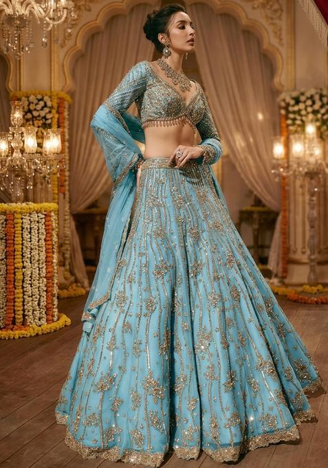 Sky Blue Embroidered Bridal Lehenga Set — view on Indya