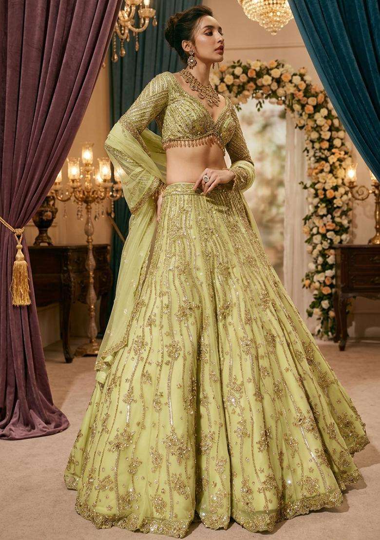 Lime Green Embroidered Bridal Lehenga Set - Indya