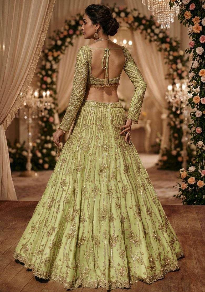 Lime Green Embroidered Bridal Lehenga Set - Indya