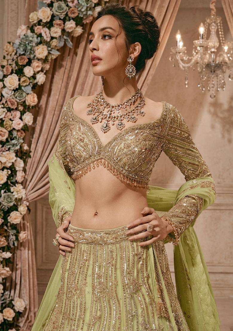 Lime Green Embroidered Bridal Lehenga Set - Indya