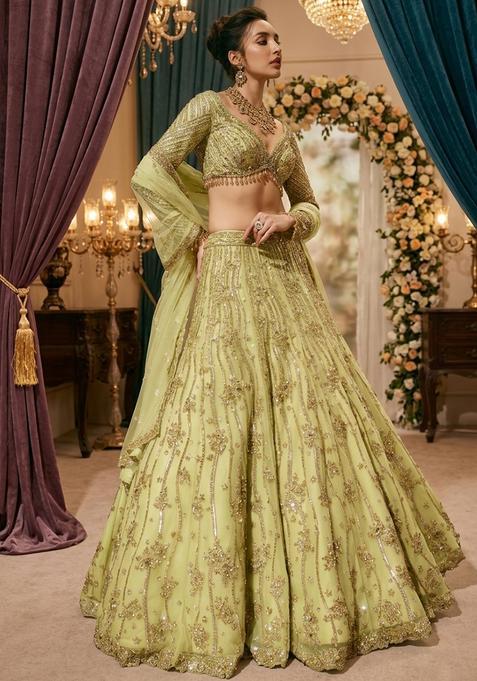 Lime Green Embroidered Bridal Lehenga Set — view on Indya