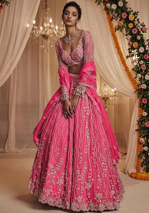 Fuchsia Pink Embroidered Bridal Lehenga Set — view on Indya