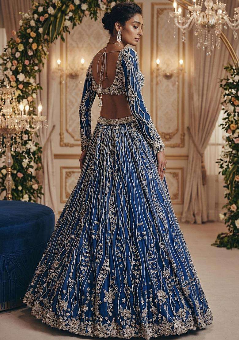 Royal Blue  Embroidered Bridal Lehenga Set - Indya