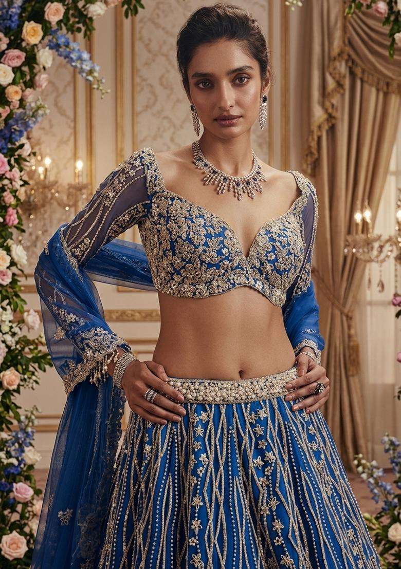 Royal Blue  Embroidered Bridal Lehenga Set - Indya