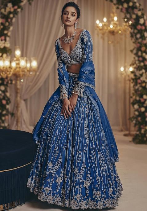 Royal Blue Embroidered Bridal Lehenga Set — view on Indya