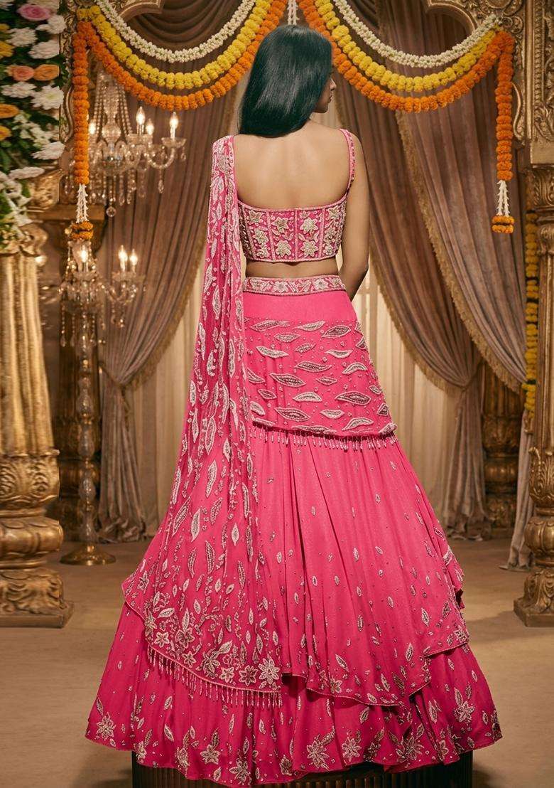 Hot Pink Embroidered Bridal Lehenga Set - Indya