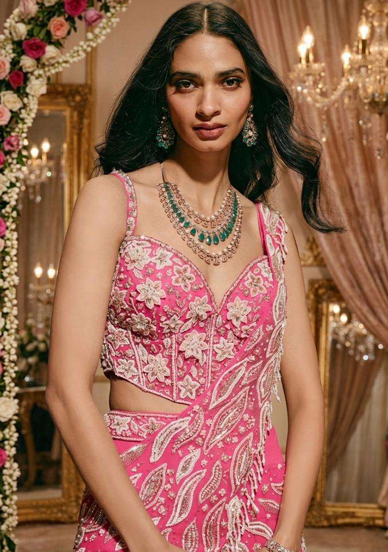 Hot Pink Embroidered Bridal Lehenga Set - Indya