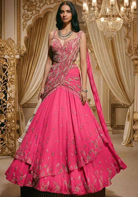 Hot Pink Embroidered Bridal Lehenga Set — view on Indya