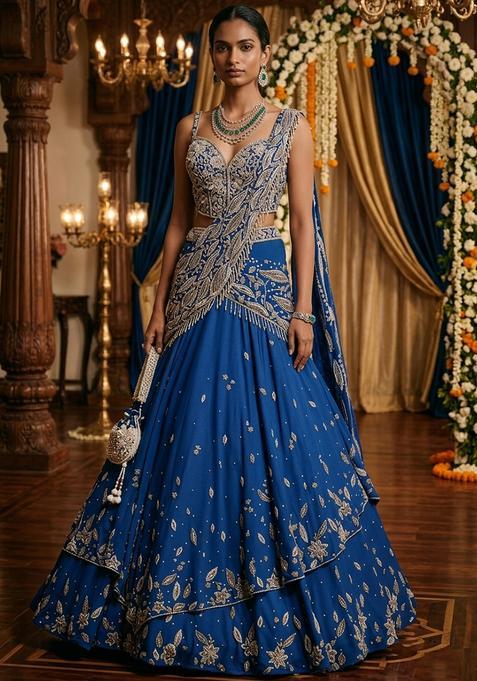 Royal Blue Embroidered Bridal Lehenga Set — view on Indya