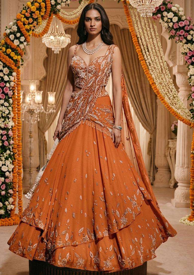 Burnt  Orange Embroidered Bridal Lehenga Set - Indya