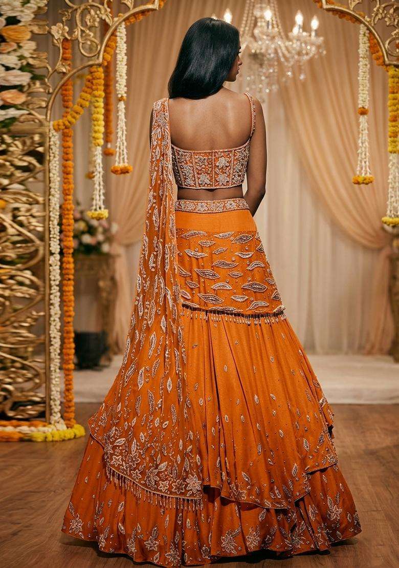 Burnt  Orange Embroidered Bridal Lehenga Set - Indya