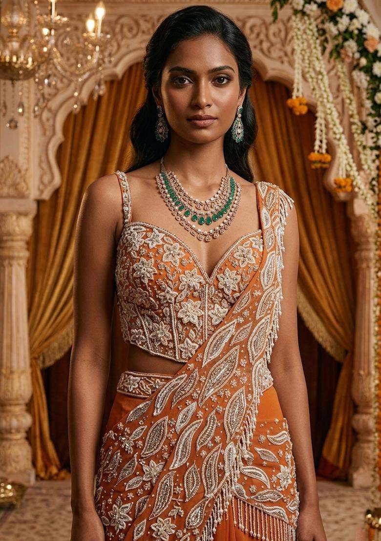 Burnt  Orange Embroidered Bridal Lehenga Set - Indya
