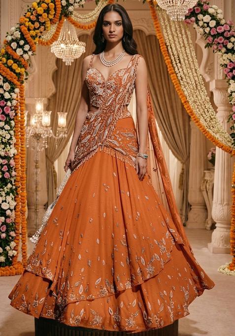 Burnt Orange Embroidered Bridal Lehenga Set — view on Indya