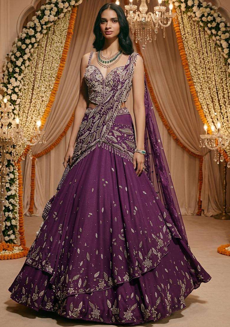 Deep Purple Embroidered Bridal Lehenga Set - Indya