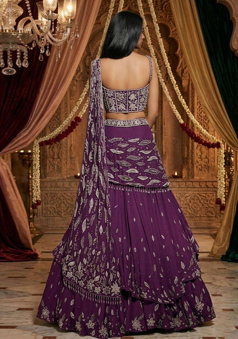 Deep Purple Embroidered Bridal Lehenga Set - Indya
