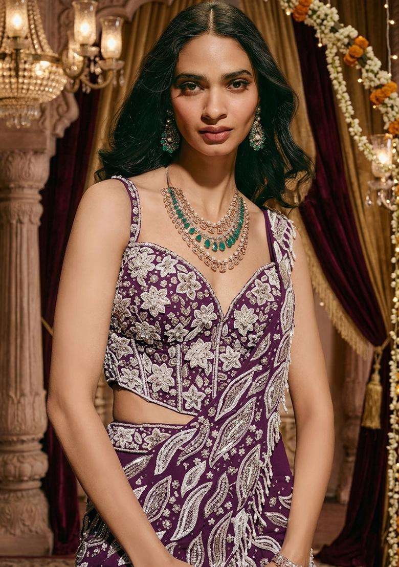 Deep Purple Embroidered Bridal Lehenga Set - Indya