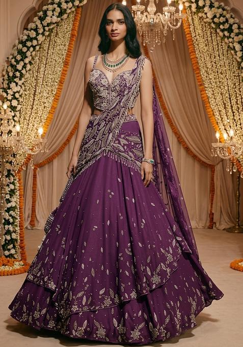 Deep Purple Embroidered Bridal Lehenga Set — view on Indya