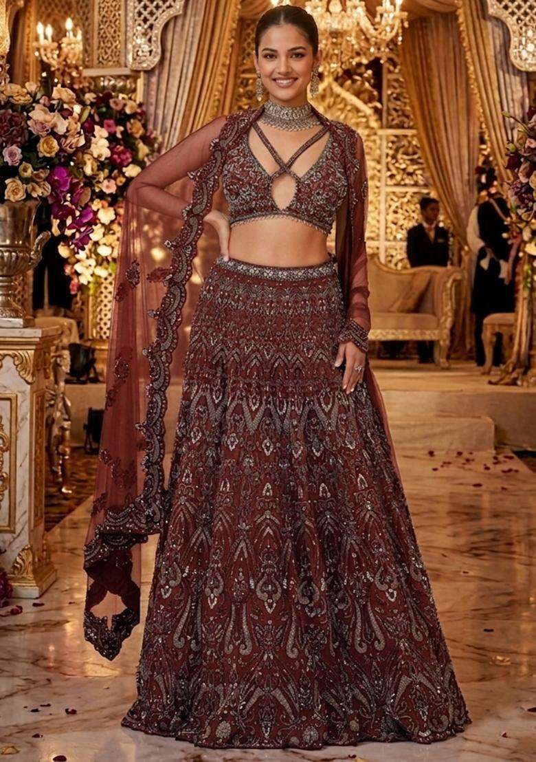 Deep Maroon Embroidered Bridal Lehenga Set - Indya