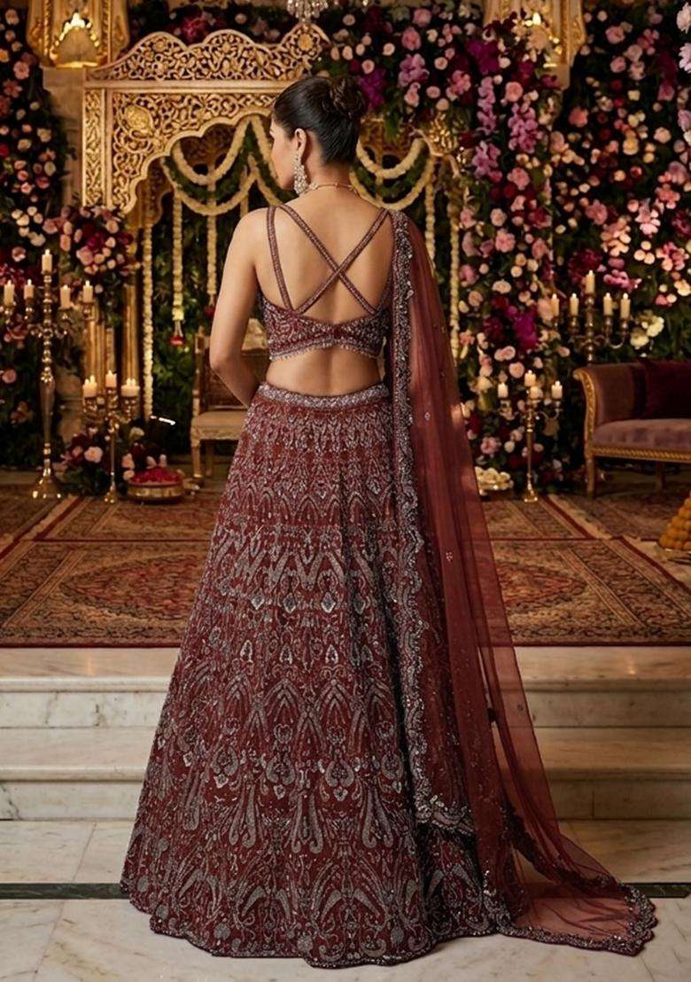 Deep Maroon Embroidered Bridal Lehenga Set - Indya