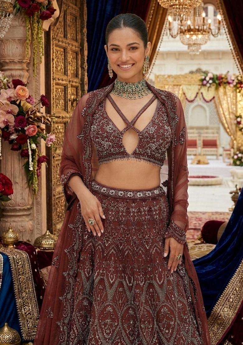 Deep Maroon Embroidered Bridal Lehenga Set - Indya