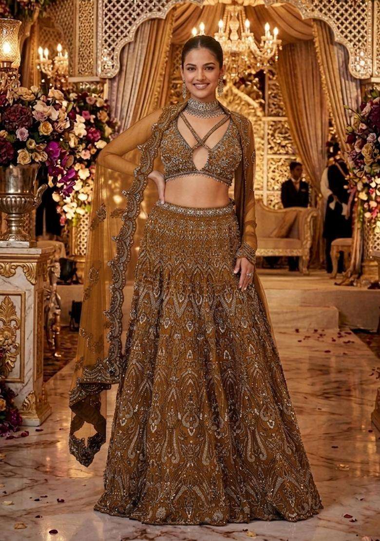 Warm Brown Embroidered Bridal Lehenga Set - Indya