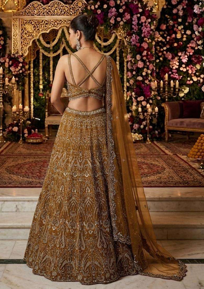 Warm Brown Embroidered Bridal Lehenga Set - Indya