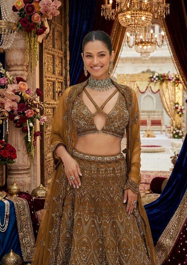 Warm Brown Embroidered Bridal Lehenga Set - Indya