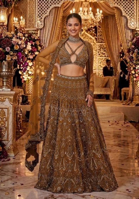 Warm Brown Embroidered Bridal Lehenga Set — view on Indya