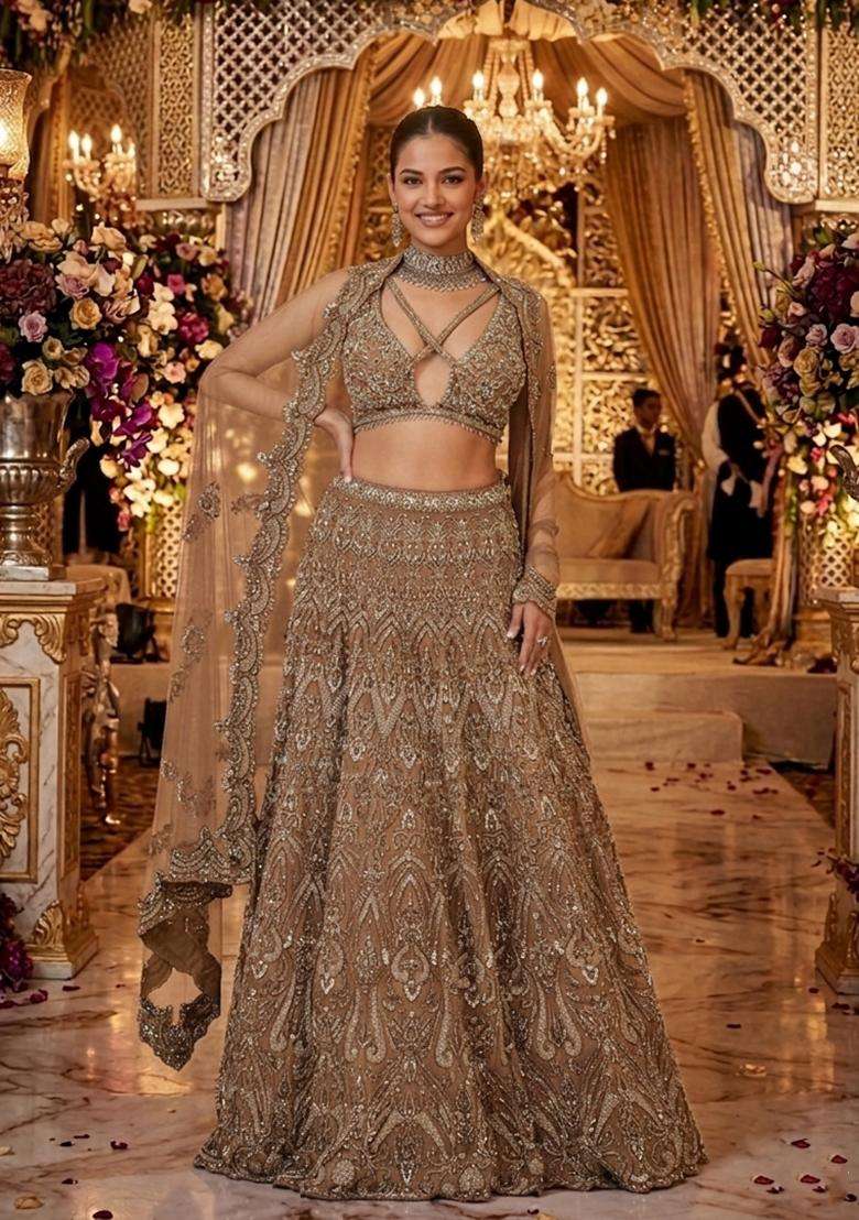 Beige Embroidered Bridal Lehenga Set - Indya