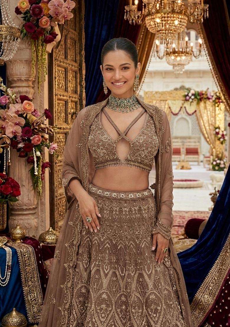 Beige Embroidered Bridal Lehenga Set - Indya