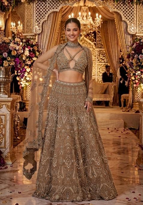 Beige Embroidered Bridal Lehenga Set — view on Indya