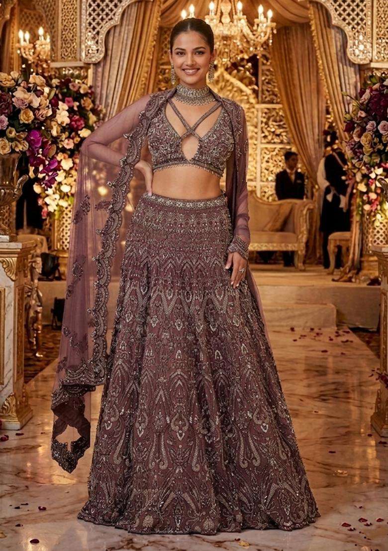 Dusty Rose Embroidered Bridal Lehenga Set - Indya