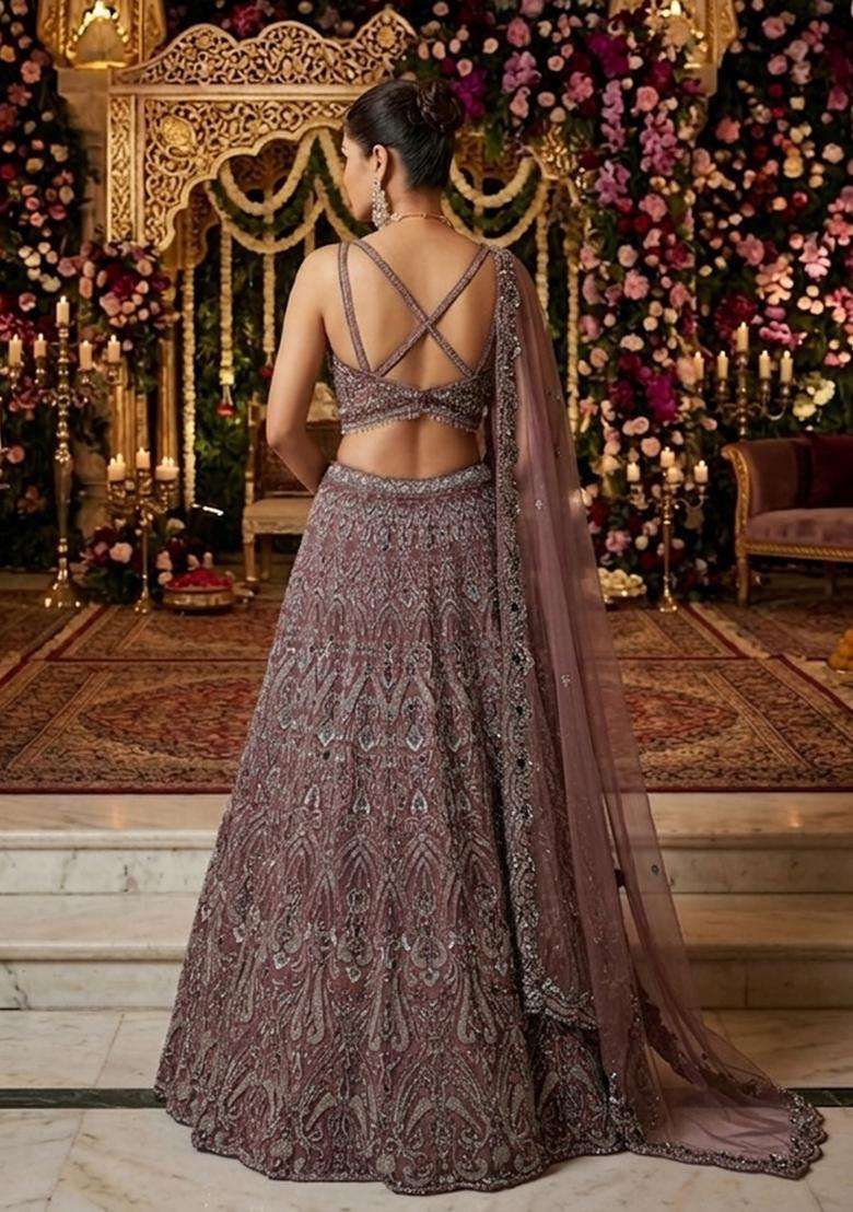 Dusty Rose Embroidered Bridal Lehenga Set - Indya