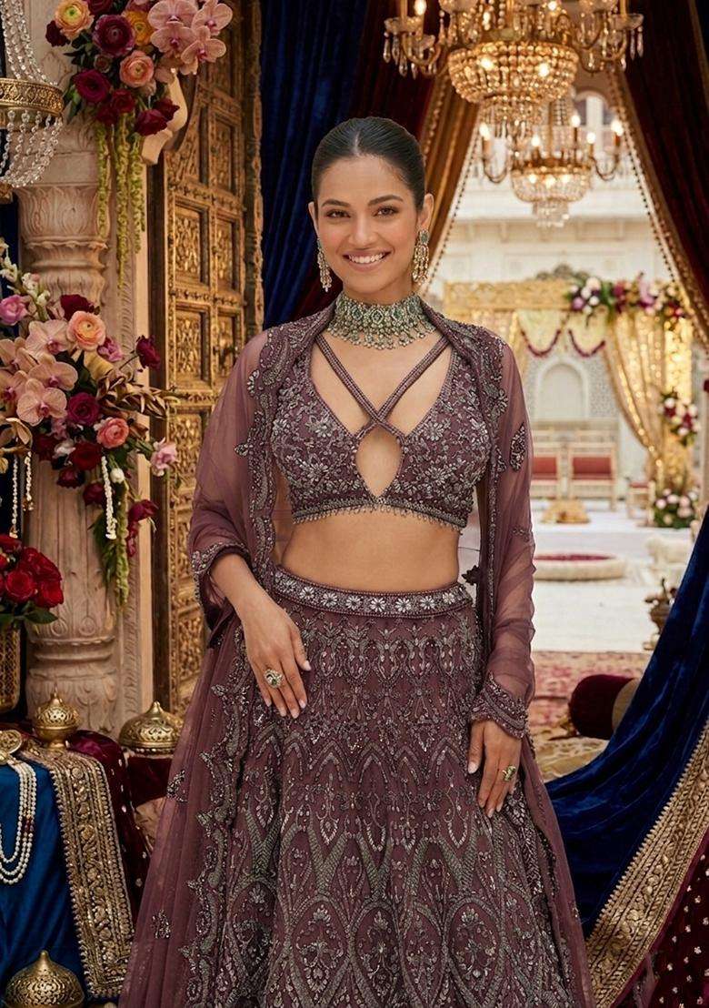 Dusty Rose Embroidered Bridal Lehenga Set - Indya