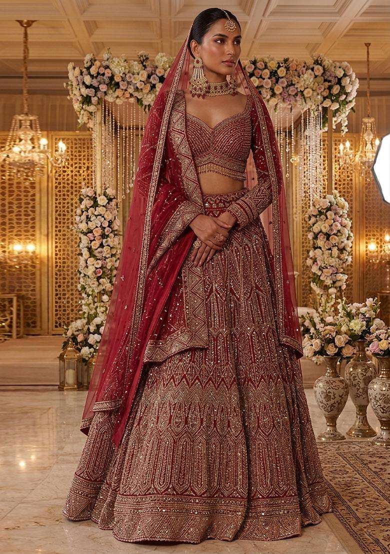 Crimson  Embroidered Bridal Lehenga Set - Indya